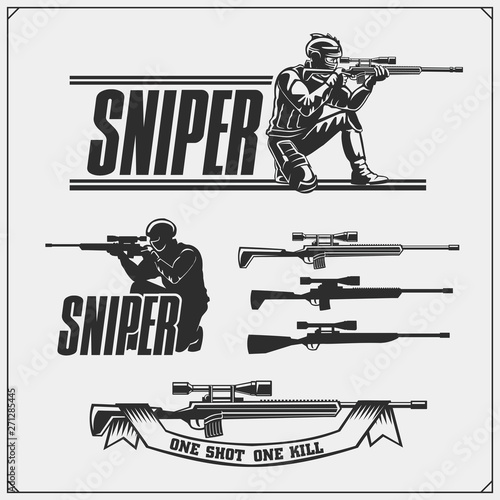 Sniper emblems for sport team. Sniper club labels and design elements. Print design for t-shirt.