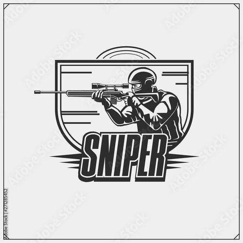 Sniper emblem for sport team. Print design for t-shirt.