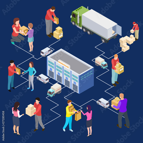 Vector 3d isometric warehouse and delivery concept. Illustration of delivery package and parcel, warehouse express delivering