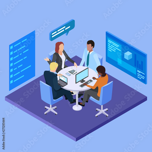 Business meeting in international company isometric vector illustration. Business company, people speaking in office room