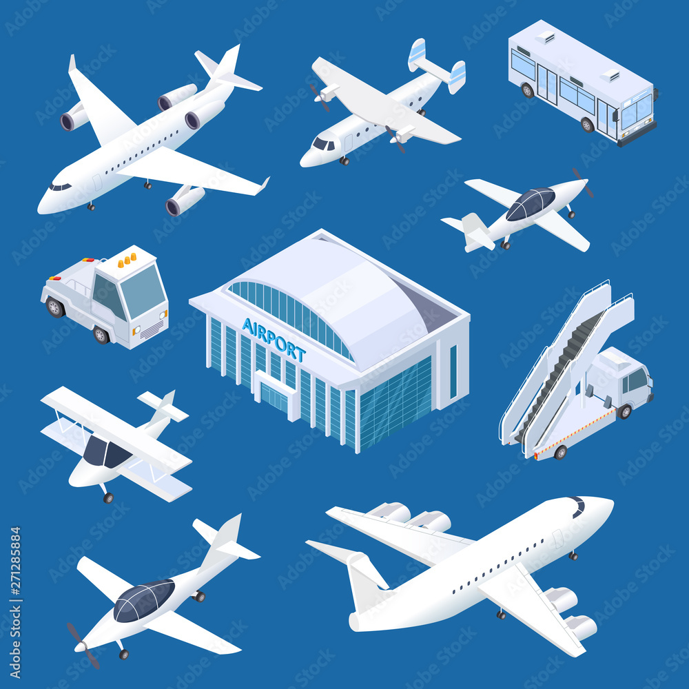 Isometric airport building, airplaines and transport at the airport vector set. Isometric airplane and airport building internationa illustration