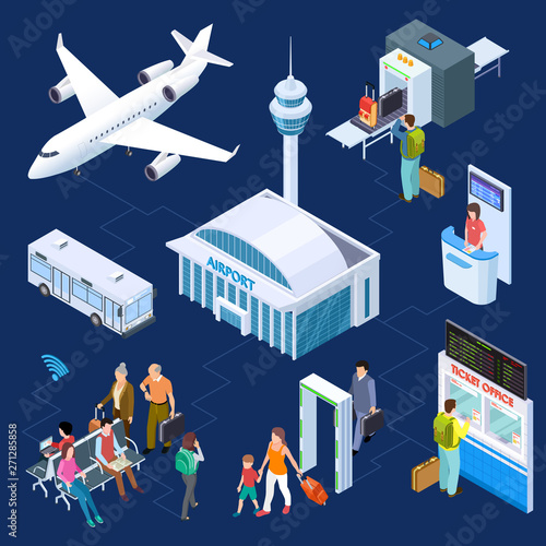 Airport isometric vector concept. Passenger luggage, airport terminal, tower plane passport checkpoint. Luggage passenger, flight terminal llustration