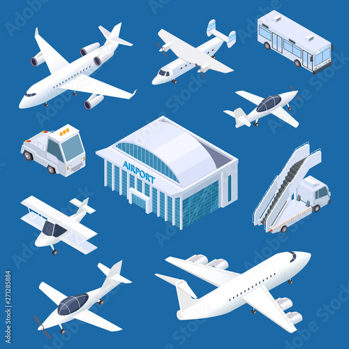 Isometric airport building, airplaines and transport at the airport vector set. Isometric airplane and airport building internationa illustration photo