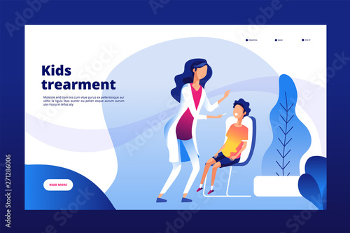 Pediatric clinic. Clinical pediatric care mother sick child doctor hospital health checking kids healthcare vector landing page. Patient hospital child sick illustration