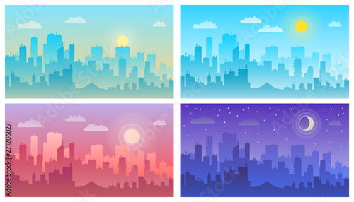 Daytime cityscape. Morning, day and night city skyline landscape, town buildings