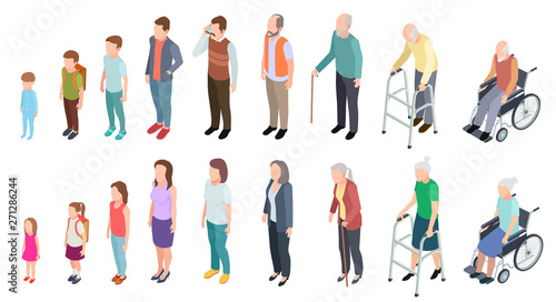 Different generations. Isometric people adult female male characters kids girl boy old man woman human age evolution stages vector set. Illustration of human process aging