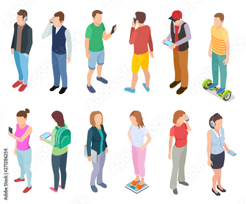 Isometric young people. 3d man speaking smartphone in stylish casual hipster clothes young guys tablets persons phone vector set. Illustration of people with smartphone and other gadget