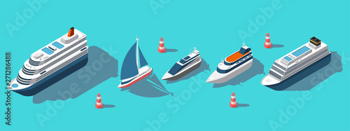 Leinwand Poster Isometric ferries, yachts, boats, passenger ships vector set