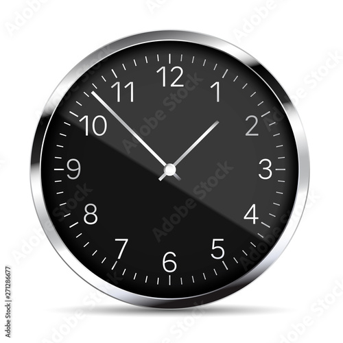 Realistic illustration of black metal wall clock with reflections, numbers and silver hands. Isolated on white background, vector