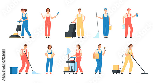 Cleaning service workers. Male female cleaner housemaids mop floor polish washing machine household equipment vector characters. Illustration of professional cleaner service, worker occupation
