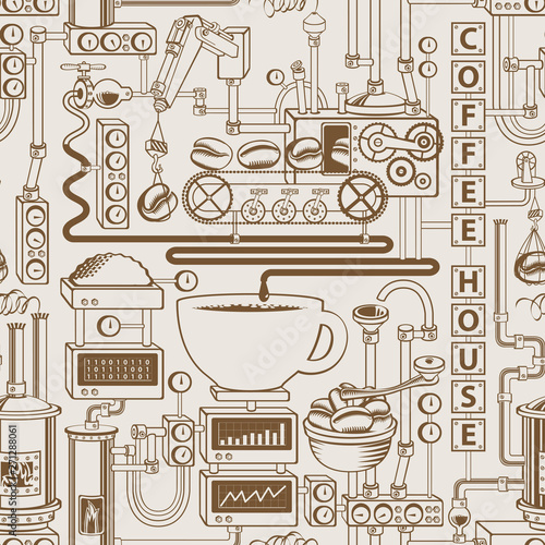 Vector seamless pattern on coffee theme with a cup of freshly brewed coffee, plant with conveyor coffee production in retro style and with words Coffee house.