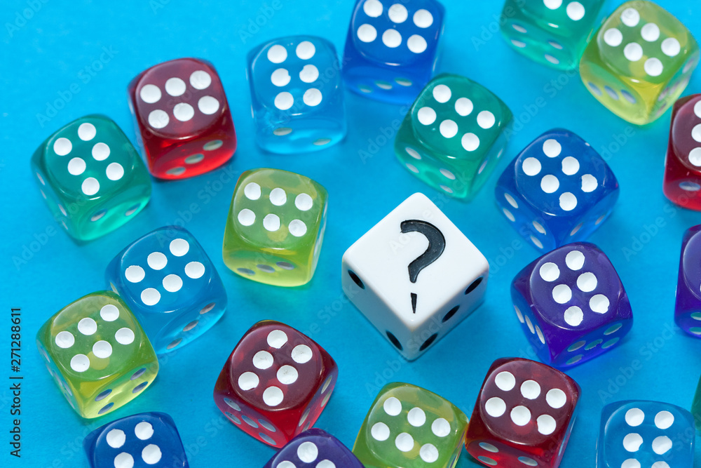 Gaming dices and question mark on blue background. Gaming dices and question mark on blue background.