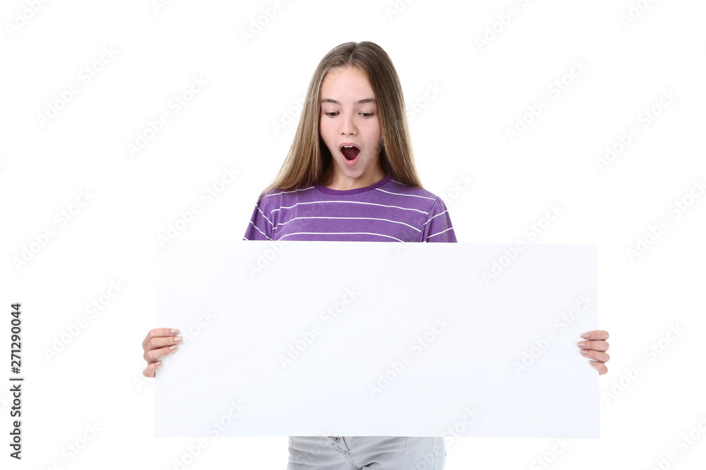 Surprised young girl holding blank board on white background Surprised young girl holding blank board on white background
