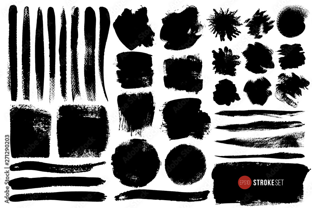 Big vector set of hand drawn brush strokes and stains. One color monochrome artistic hand drawn backgrounds and graphic resources. Various shape ink spots. - obrazy, fototapety, plakaty 