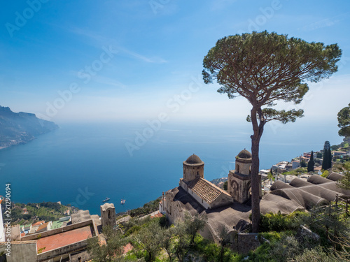 Scenic panoramic view of famous Amalfi Coast with Gulf of Salerno from Villa Rufolo gardens in Ravello, Campania, Italy. April 2019