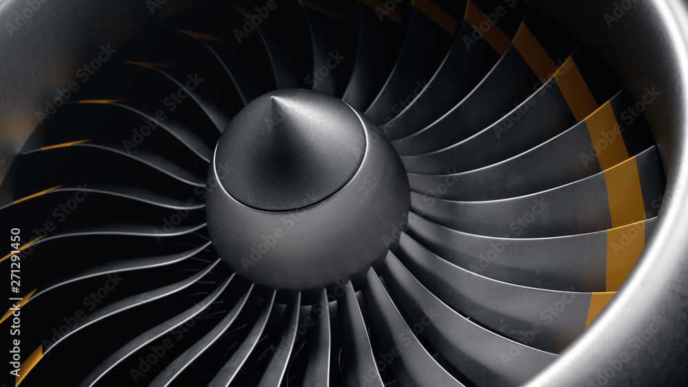3D illustration jet engine, closeup view jet engine blades. Front view