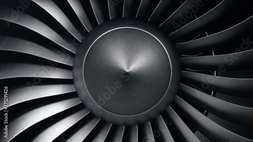 Photo 3D illustration jet engine, close-up view jet engine blades