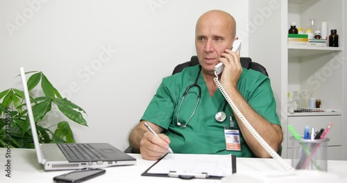 Doctor in a Medical Cabinet Talking to Smartphone About Alternative Medical Cure