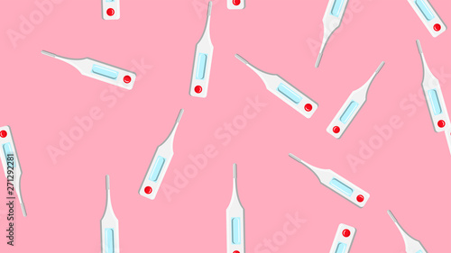 Seamless pattern texture of endless repetitive medical digital modern electronic thermometers for measuring body temperature on a pink background. Vector illustration