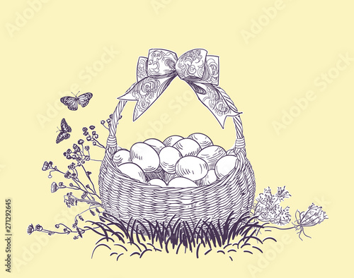 easter basket eggs vector engrave card isolated