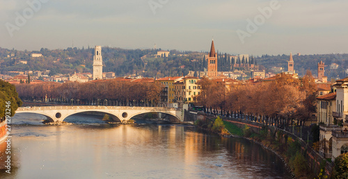 Winter view of Verona historic city center with ancient towers and River Adige