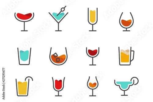 Alcoholic cocktails thin line icons set. Outline symbol collection of classic beverages like wine, gin, whiskey, champagne, beer. Editable vector stroke