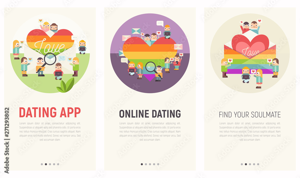Mobile App Page Onboard Screen Set for Online Dating Site. Screens Template for LGBTQ People Community Website or Web Page. Vector Illustration. User Interface Kit in Flat Design.