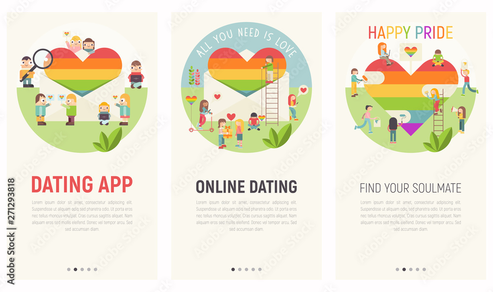 Mobile App Page Onboard Screen Set for Online Dating Site. Screens Template for LGBT People Community Website or Web Page, Internet or Remote Relationship. Vector Illustration. User Interface Kit 