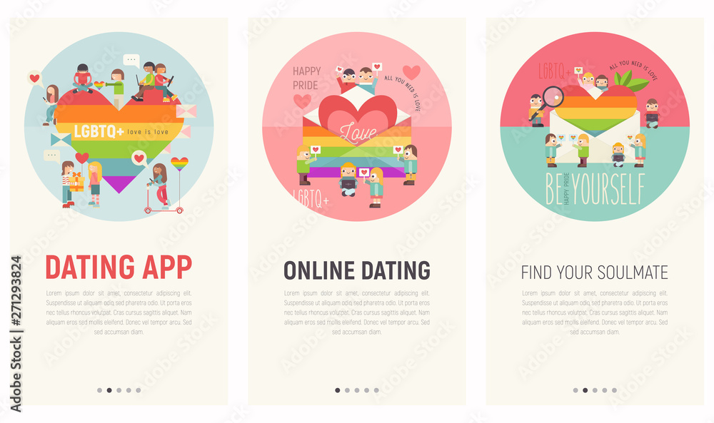 Mobile App Page Onboard Screen Set for Online Dating Site. Screens Template for LGBT People Community Website or Web Page. Vector Illustration. User Interface Kit in Flat Design.