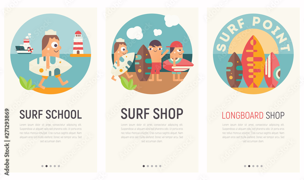 Mobile App Page Onboard Screen Set. Screens Template for Surf Shop, Surfing School, Longboard Online Store. Vector Illustration. User Interface Kit in Flat Design. Emblem for Surfing Club. Mobile App Page Onboard Screen Set. Screens Template for Surf Shop, Surfing School, Longboard Online Store. Vector Illustration. User Interface Kit in Flat Design. Emblem for Surfing Club.