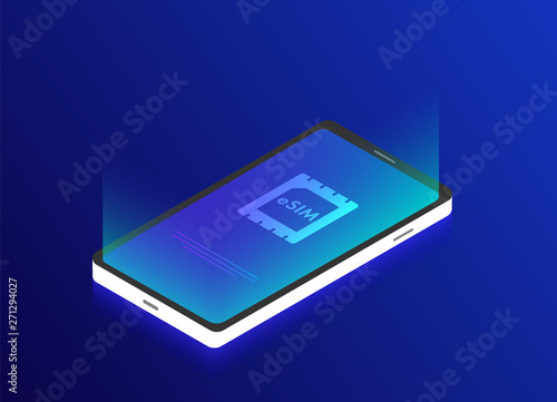 eSIM techology isometric 3d card chip sign. Embedded SIM concept. Communication e-sim technology concept for mobile phone network vector illustration