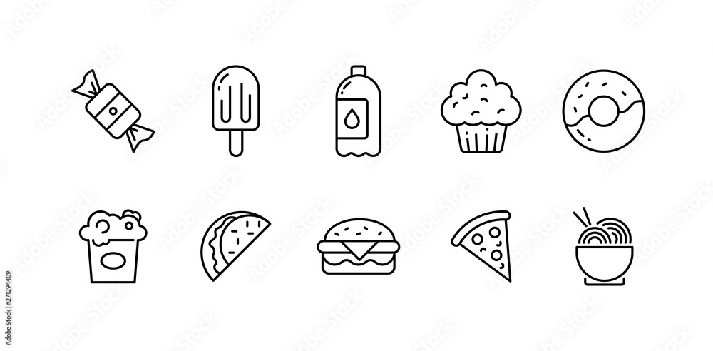 Fast food thin line icons set. Black outline symbol collection junk food and take away.  Editable vector stroke