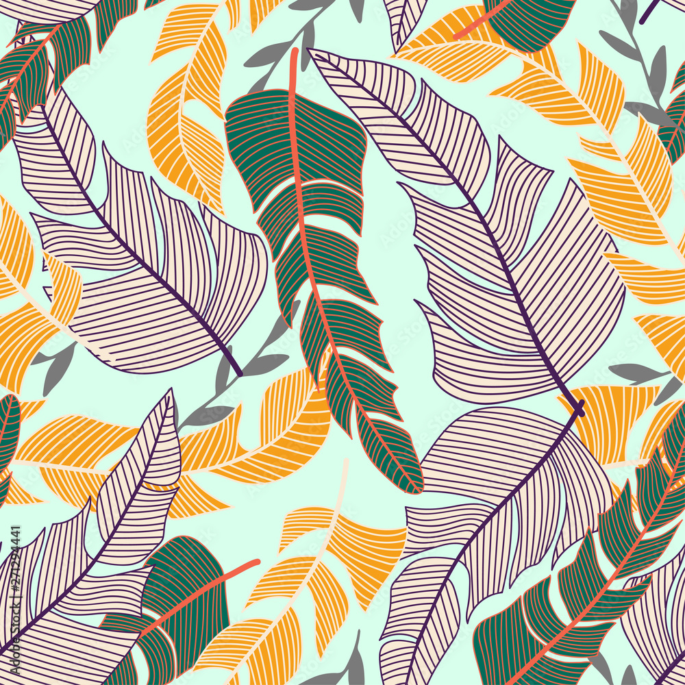 Fototapeta Seamless pattern with bright tropical leaves and plants on white background. Vector design. Jungle print. Textiles and printing. Floral background.