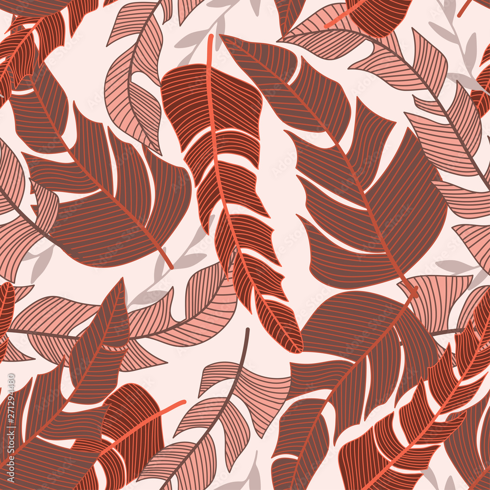 Fototapeta premium Tropical seamless pattern with bright plants and leaves on white background. Vector design. Jungle print. Textiles and printing. Floral background.