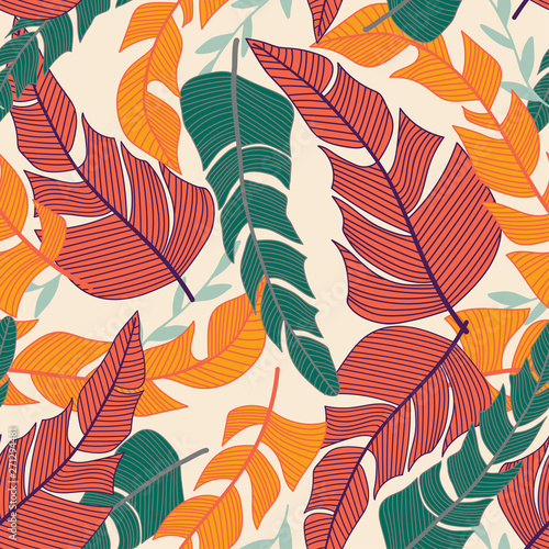Tropical seamless pattern with bright plants and leaves on pastel background. Vector design. Jungle print. Textiles and printing. Floral background.