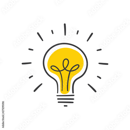 Light bulb doodle, hand drawn idea icon.