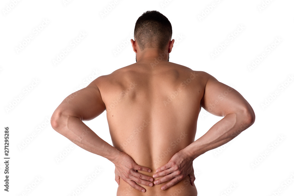 Fototapeta premium Young man with back pain. The athlete clings to a sore back. Man hurt his back. Sports medicine concept