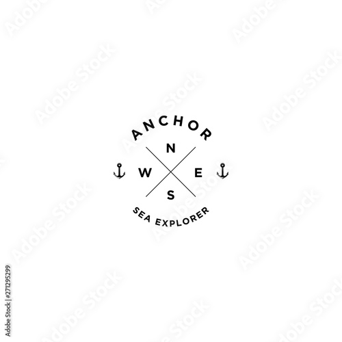 marine retro emblems logo with anchor and sailor compass, anchor logo - vector