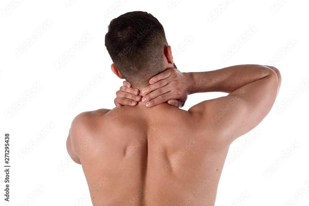 Man with a pain in his neck. The athlete clings to a sore neck. Sports medicine concept