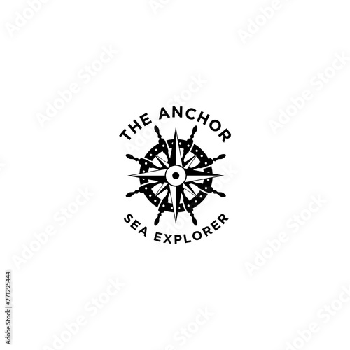 marine retro emblems logo with anchor rope, ship wheel and sailor compass, anchor logo - vector