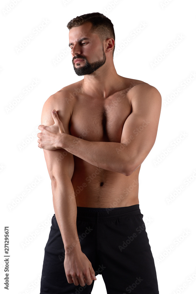 Fototapeta premium Muscular strong man with shoulder pain, isolated on white background