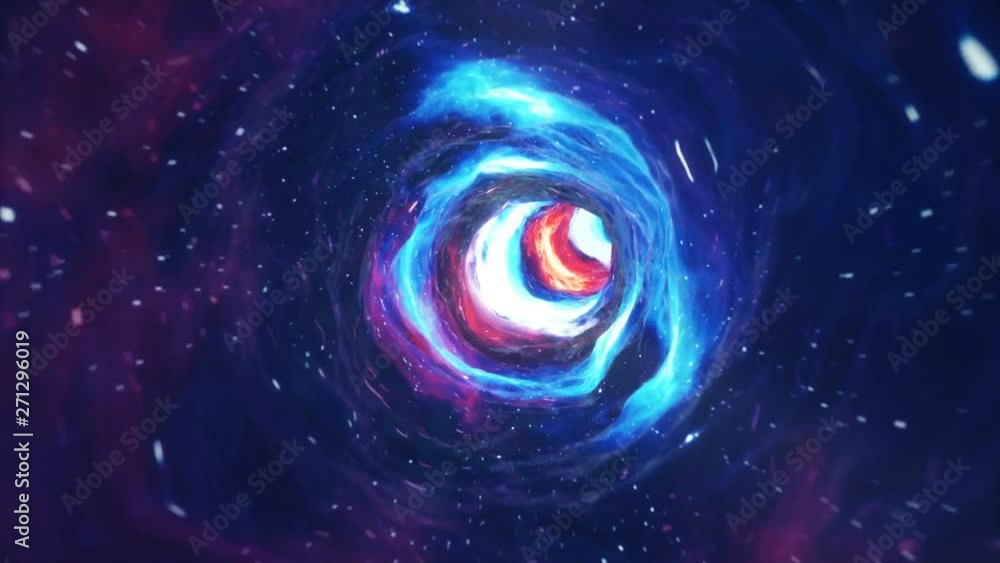 Seamless travel through a wormhole through time and space filled with millions of stars and nebulae. Wormhole space deformation, science fiction. Black hole. Vortex hyperspace tunnel. 4k animation