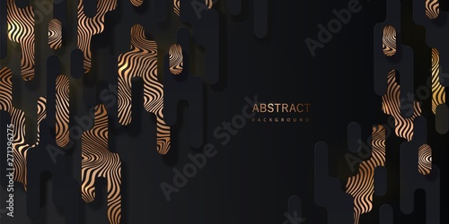 Black abstract background with geometric paper shapes and golden curved lines