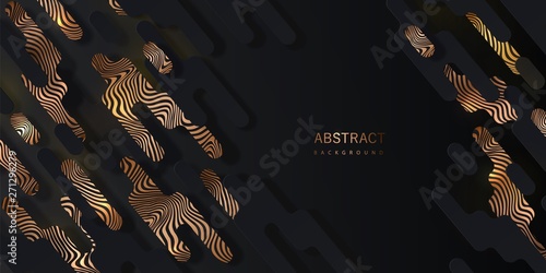 Black abstract background with geometric paper shapes and golden curved lines