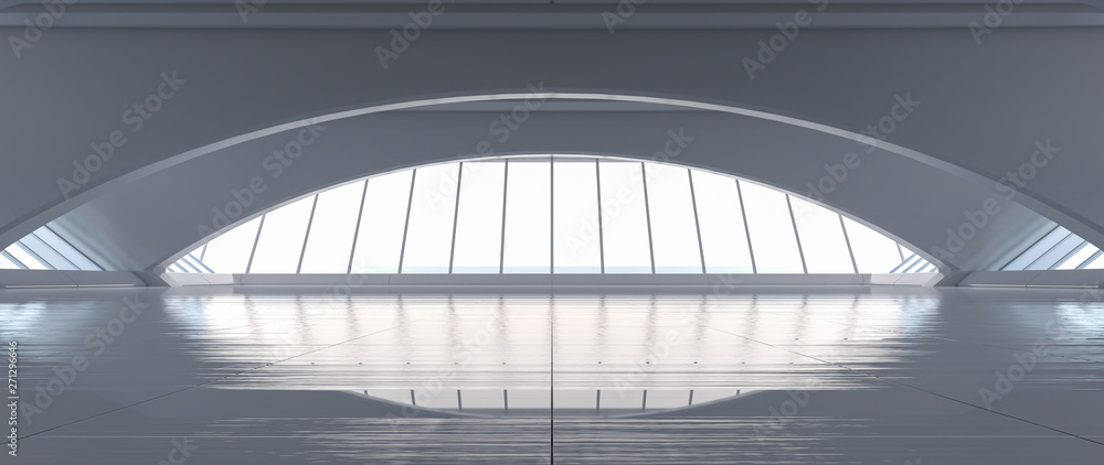 Futuristic curve tunnel. Long corridor interior view. Future modern showroom background concept. Abstract interior design. 3D rendering. - obrazy, fototapety, plakaty 
