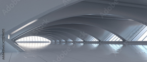 Futuristic curve tunnel. Long corridor interior view. Future modern showroom background concept. Abstract interior design. 3D rendering.