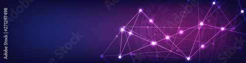 Website header or banner design with abstract geometric background and connecting dots and lines. Global network connection. Digital technology with plexus background and space for your text.