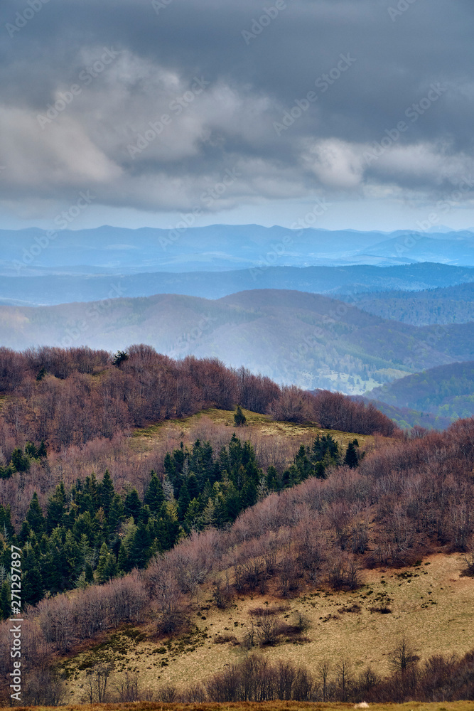 A beautiful panoramic mysterious view of the forest in the Bieszczady mountains (Poland) on a misty rainy spring May day, nature is lonely - without people A beautiful panoramic mysterious view of the forest in the Bieszczady mountains (Poland) on a misty rainy spring May day, nature is lonely - without people