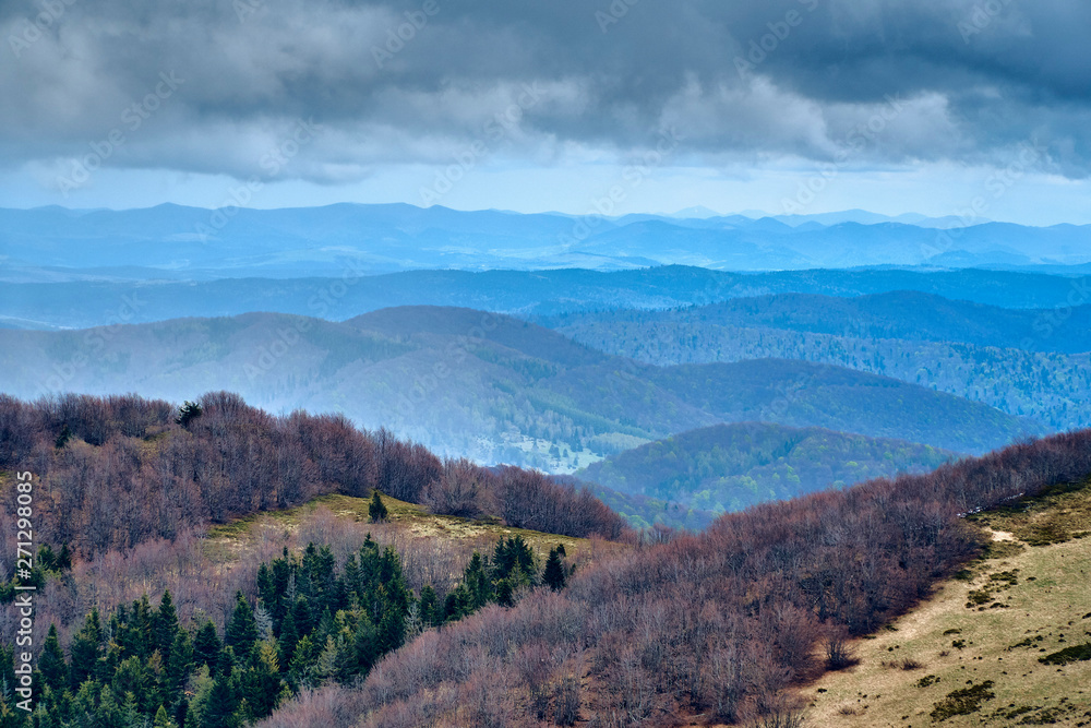 A beautiful panoramic mysterious view of the forest in the Bieszczady mountains (Poland) on a misty rainy spring May day, nature is lonely - without people