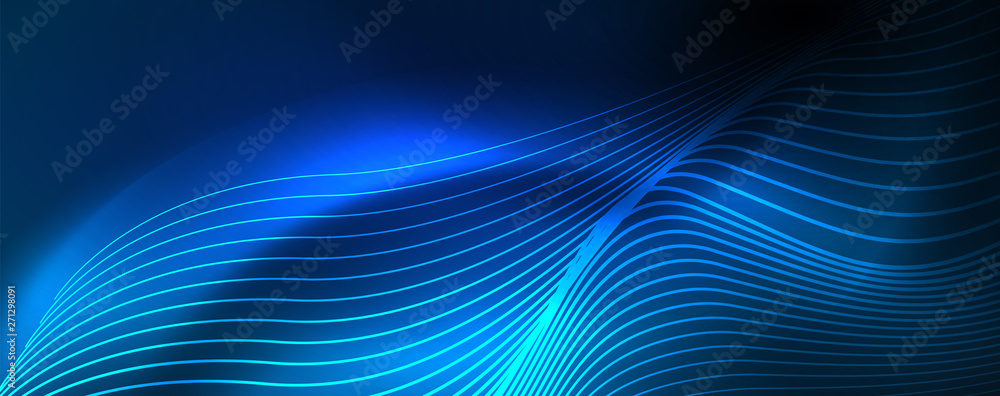 Smooth wave lines on blue neon color light background. Glowing abstract wave on dark, shiny motion, magic space light Smooth wave lines on blue neon color light background. Glowing abstract wave on dark, shiny motion, magic space light